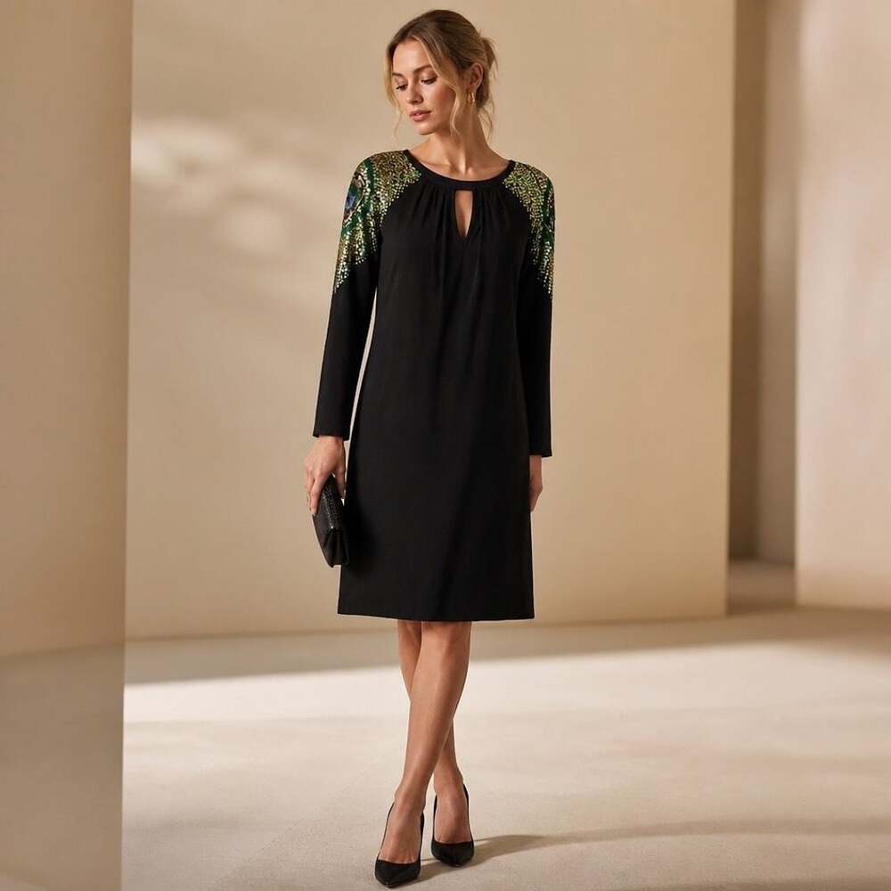 Trina Turk Black Peacock Inspired Embellished Long Sleeve Shift Dress